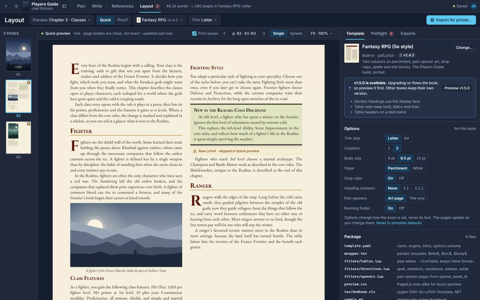 Codex Layout screen, dark