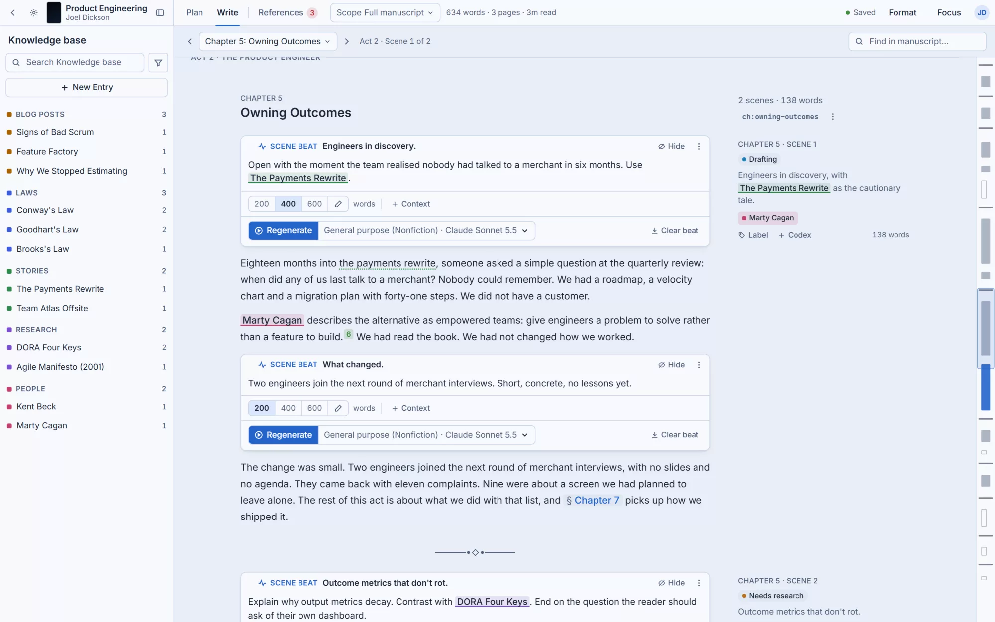 The Codex Write screen: a chapter of a non-fiction manuscript with scene beats, AI draft controls and a knowledge base sidebar
